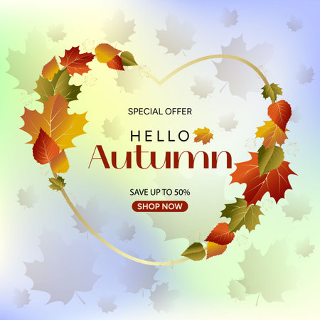 Bright square autumn sale poster with maple and birch, golden elements and golden heart-shaped frame, creating an atmosphere of warmth, comfort and festive mood.のイラスト素材