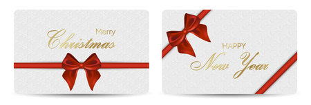 A set of two festive gift cards with a bright red bow and a delicate snowflake background. Perfect for adding warm seasonal wishes to Christmas and New Year's gifts, envelopes, gift boxes, or decorative arrangements.のイラスト素材