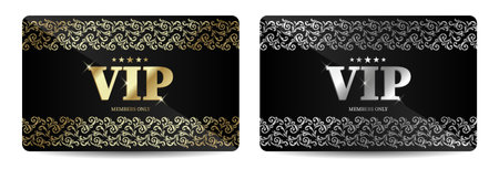 This set of two VIP cardsâgold and silver (platinum)âfeatures an exquisite design with a vintage border, emphasizing premium status and the aesthetics of classic luxury. These cards are used for elite club memberships, loyalty programs, personalized customer service, exclusive privileges, and access to exclusive services. They are also ideal as a status gift or image tool for brands seeking to highlight a high level of service and attention to detail.のイラスト素材