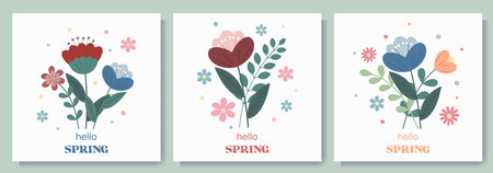 This set of spring square postcards with flowers in an ethnic retro style is a collection of decorative cards featuring elegant floral arrangements inspired by folk ornaments and vintage aesthetics, executed in a warm, harmonious palette. These cards are perfect for greeting spring holidays, birthdays, and March 8th. They also make stylish additions to gifts, interior decor elements, scrapbooking materials, or collectible art objects for connoisseurs of original design.のイラスト素材