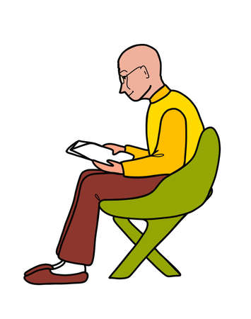 The bald grandfather in profile is sitting in a chair and reading a newspaper.のイラスト素材