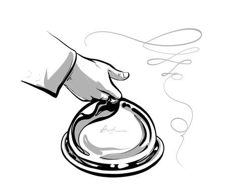 The waiter s hand serves a closed dish. Fine Haute cuisine. The logo is black and white. Illustration vectorのイラスト素材