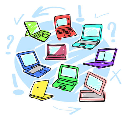 Computers for children vector. Choice and variety of laptops and tablets. Colorful funny sketch illustration.のイラスト素材
