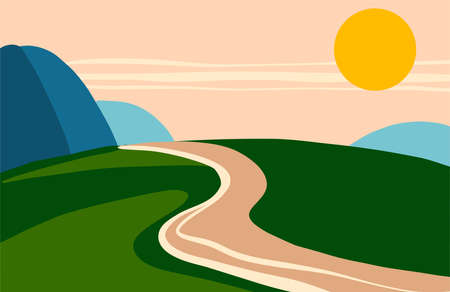 Landscape in a flat style with bright colors. The fields and the sun. Summer Vectorのイラスト素材