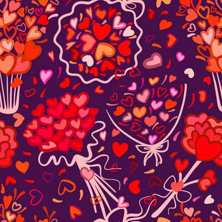 Seamless pattern. Bouquets of hearts on a dark background. Bright simple Doodle style.のイラスト素材