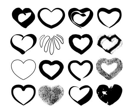 A collection of sketch hearts drawn by hand in ink. Black and white icons. Vector illustration.のイラスト素材