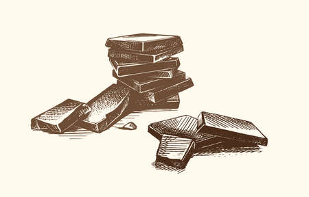 Hand-drawn illustration. Pieces of dark chocolate. A pyramid of broken chocolate bars. The sketch is one-color. Vector.のイラスト素材