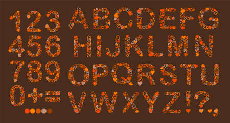 Love hand drawn English alphabet. Letters and numbers from hearts. Cartoon doodle style. Clipart isolated letters with heart decoration. Romantic alphabet for banners, invitations, Valentine s Day greetingsのイラスト素材