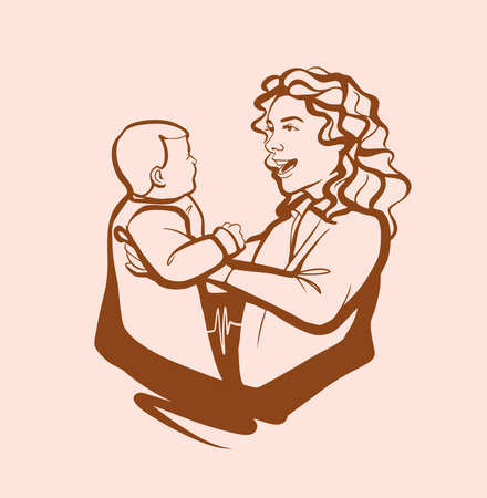 A young woman holds a small child in her arms. Mom plays and hugs the baby. A sign, a sketch drawn by hand.のイラスト素材