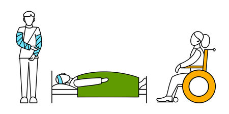 A set of vector line icons for sick person, disabled person, isolated on a white background.のイラスト素材