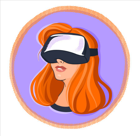 Stylish illustration in a circle in the form of a sticker. A modern girl with red hair wearing virtual reality glasses. For the design of posters, postcards.のイラスト素材
