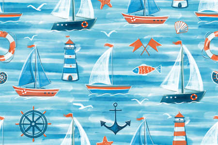 Seamless pattern. On a blue background, sailboats float on the water.の写真素材