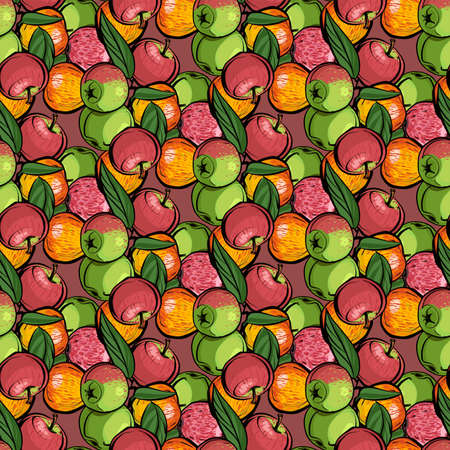 Seamless pattern. Different varieties of apples with leaves on a pink background. The ornament is complex and dense. Apples is a realistic sketch.の写真素材