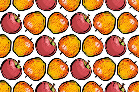 Seamless pattern. Red and orange apples on a white background. Dense polka dot pattern. Apples is a...