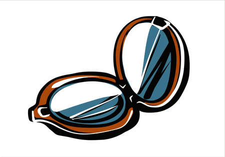 Round pocket mirror. Open in a retro style for makeup. Illustration in the style of a fashion sketch by hand.のイラスト素材