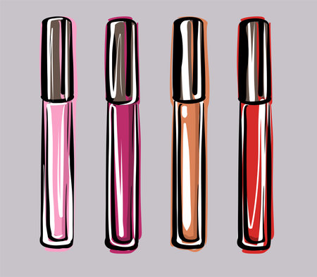 A set of lip gloss tube templates. Lip cream of various colors, a collection of cosmetics lipsticks, isolated on a white background. Fashion sketch illustration.のイラスト素材
