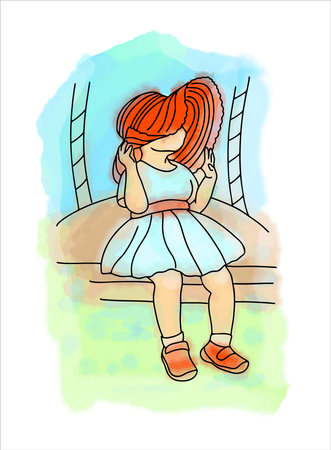 A little girl is sitting on a swing in her mothers hat. A little fashionista. Illustration in the style of linear art.のイラスト素材