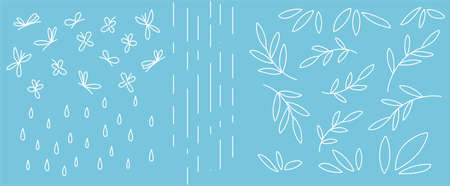 A set of twigs with leaves, a drop of rain, butterflies, for the design of eco-friendly...