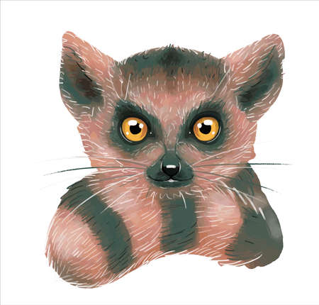 Portrait of a cute watercolor lemur on a white background. Illustration, childrens animal print for a postcard.のイラスト素材