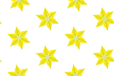 Seamless pattern, yellow geometric flowers, similar to stars, in a simple pattern on a white background. A delicate ornament for the background.のイラスト素材