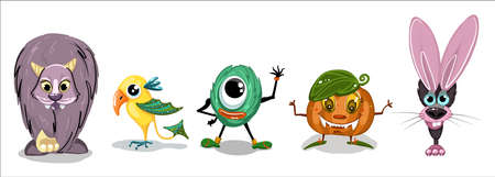A set of cute smiling monsters. Fluffy weirdos.