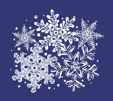 Illustration. White snowflakes in a round composition on a dark blue background. A sketch by hand.のイラスト素材