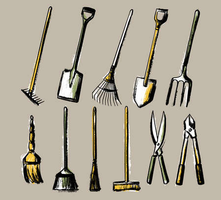 A set of garden tools. Shovel rake pitchfork broom and scissors. Illustration in the style of a careless sketch.のイラスト素材
