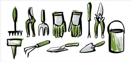 A set of garden tools. Illustration in the style of careless sketch and scrapbooking.のイラスト素材