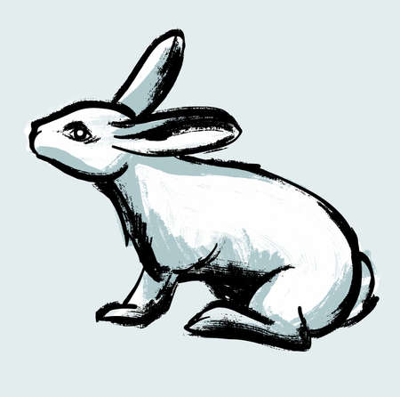 Illustration. A white rabbit on an isolated background. Drawing in the style of a careless retro sketch by hand.のイラスト素材