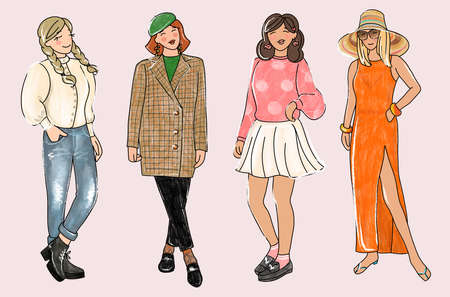 A set of girls in fashionable images. Illustration in the style of a sketch by hand.の写真素材