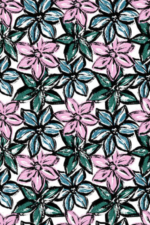 Seamless pattern. Small daisy flowers in pink and green. Stylized textured flowers.の写真素材
