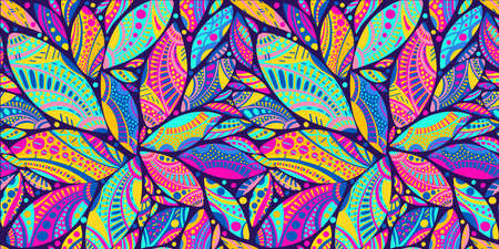 Banner. Bright neon leaves with Indian ornament.のイラスト素材