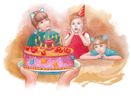 Birthday party with children. Girls wish happy birthday to their friend or sister.の写真素材