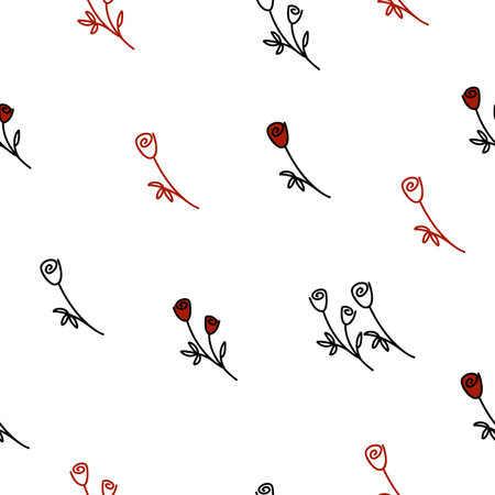 Seamless Pattern, small flowers. Simple white and red roses on a white background. Simple doodle illustration. Digital paper for packaging and fabrics.のイラスト素材