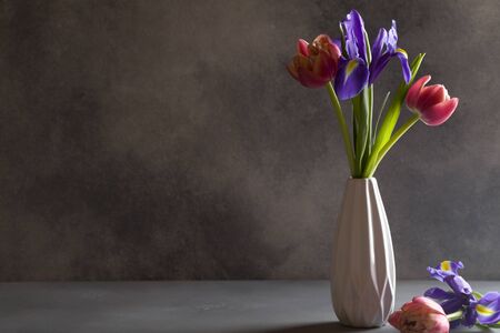 red tulips and purple irises in white vase on gray background. Still life in the style of minimalism. Laconic composition. Women's day congratulations. 8 March background copy spaceの写真素材