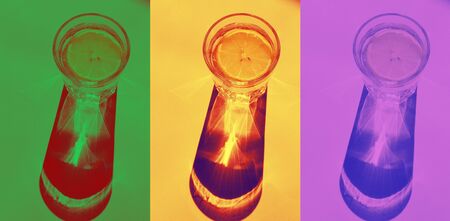 three multi colored photos glass of water with lemon slices with sunlight and deep shadow , summer lemonade, Ice drink, hot temperature. photo collageの写真素材