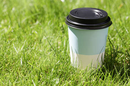 take away paper cup for coffee or tea outside on the grass in sunny day. copy space. minimal coffee concept.の写真素材