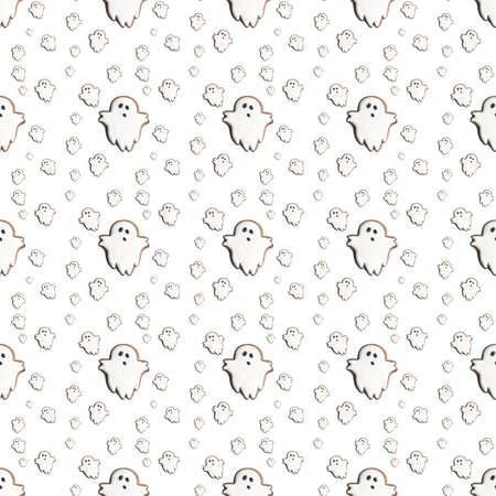 Creative pattern made of ghosts on white background. Minimal flat lay. Halloween concept.の写真素材