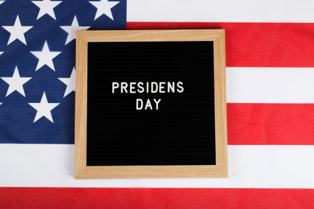 black letter board with text president day and American flag. top view flat lay copy space