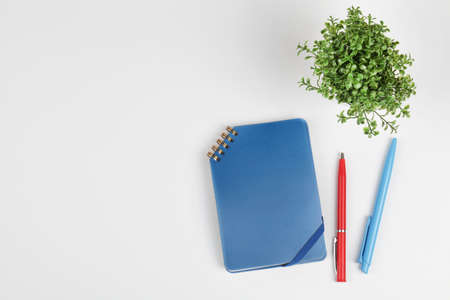 Working table with notebook, flower and two pens. Top view. flat lay copy spaceの写真素材