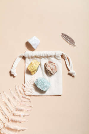 dry fern and crystal minerals on beige background. magic rock for crystal ritual, witchcraft,...