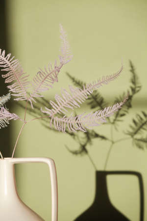 blue dyed fern in vase on green background with deep shadow. Minimal summer exotic concept....