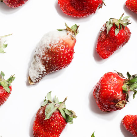 rotten strawberries on white background.global hunger problem. copyspace. overconsumption, food waste concept. spoiled, dangerous food.の写真素材