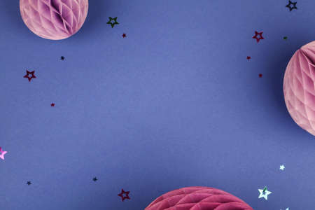 Purple Scandinavian modern paper honeycomb decoration on blue background.Concept of happiness, joy,...