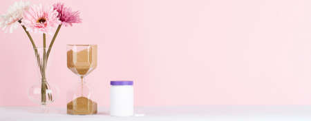 women health concept. medicine, health care style. copyspace. white plastic bottle with pills,...