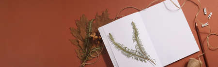 Dried pressed leaf on paper from notebook with pencil , scissors and twine on brown background....
