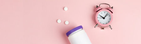 women health concept. medicine, health care style. copyspace. white plastic bottle with pills,...