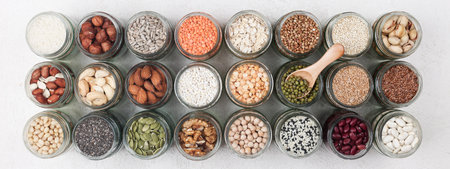 Vegan protein source. healthy vegetarian food. top view of seeds, nuts, pea, bean, rice, spelt,...