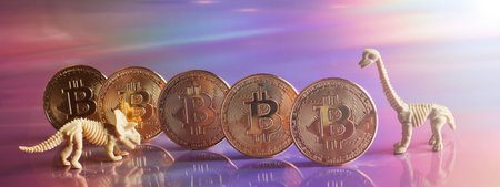 Golden bitcoin coins with dinosaurs on neon background. digital currency, business style. Mining and...