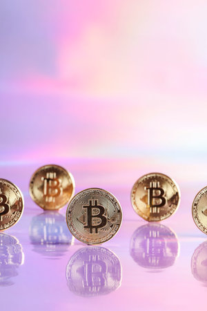 Golden bitcoin coins on holographic, abstract, neon background. digital currency, business style. Mining and trading bitcoin concept. selective focusの写真素材